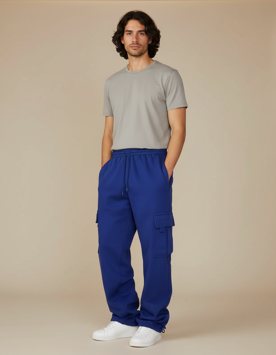 Pantalon Cargo Bleu Royal Ample Molletonné Multi-Poches