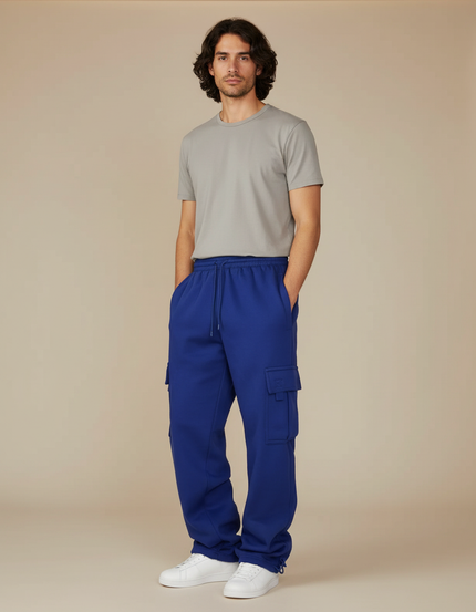 Pantalon Cargo Bleu Royal Ample Molletonné Multi-Poches