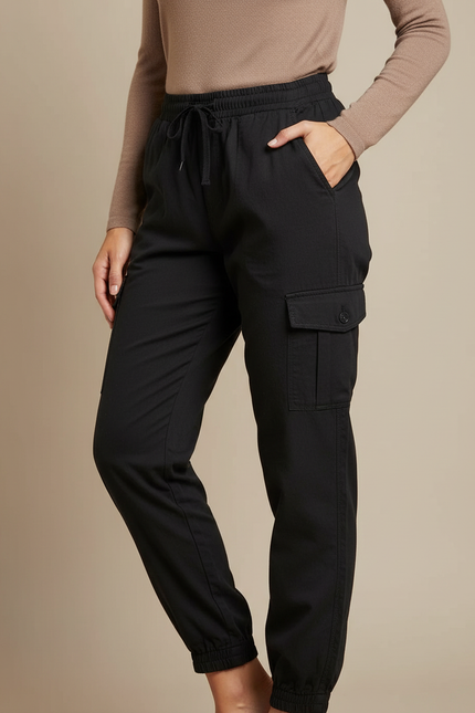 Pantalon Cargo Noir Décontracté Cordon Élastique - Coton
