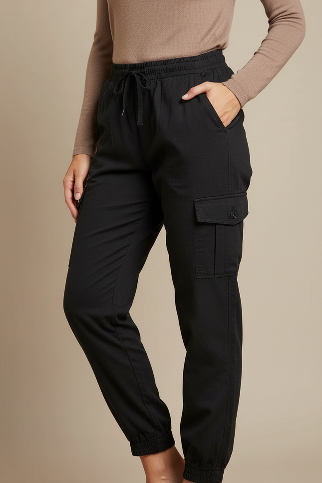Pantalon Cargo Noir Décontracté Cordon Élastique - Coton