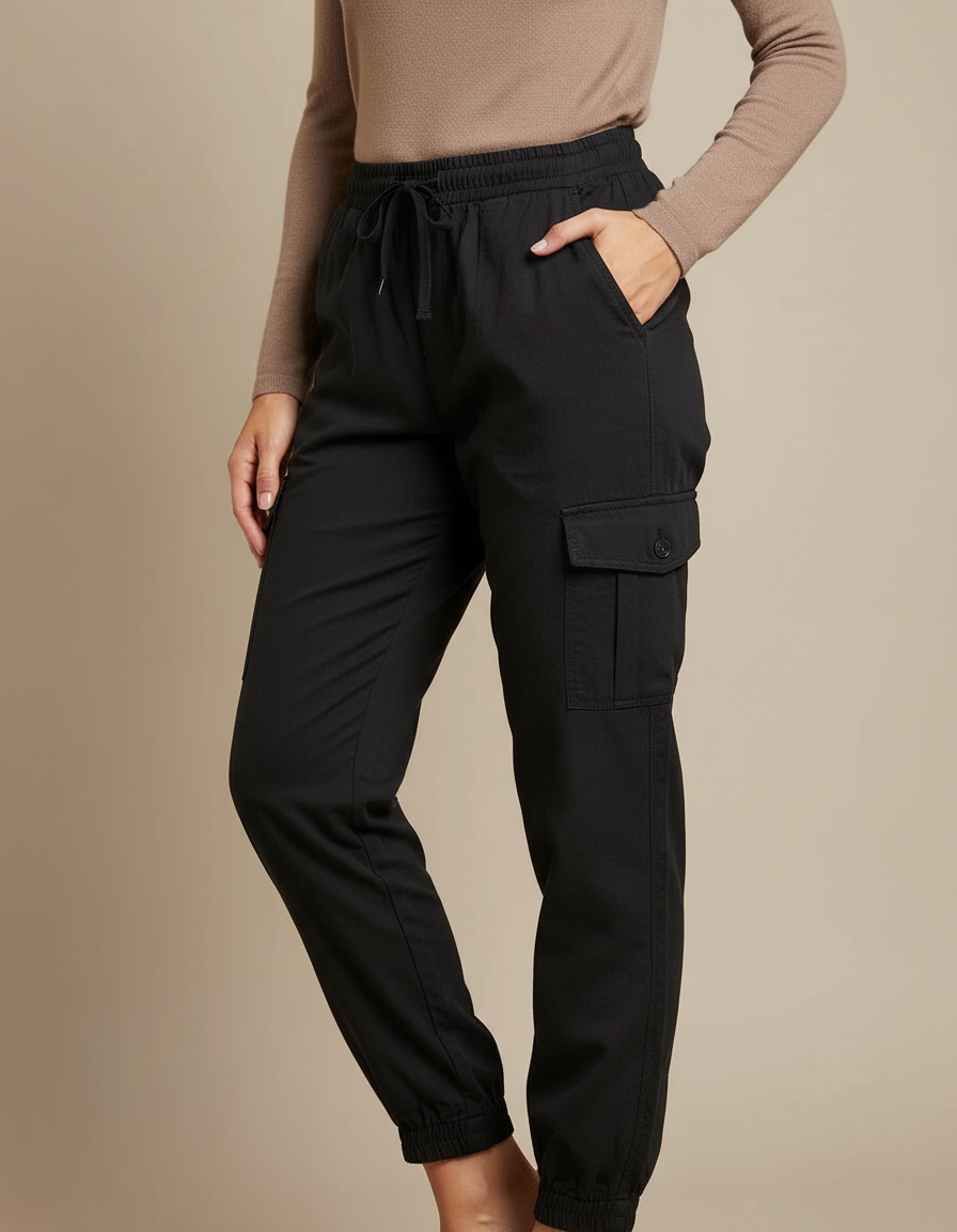 Pantalon Cargo Noir Décontracté Cordon Élastique - Coton