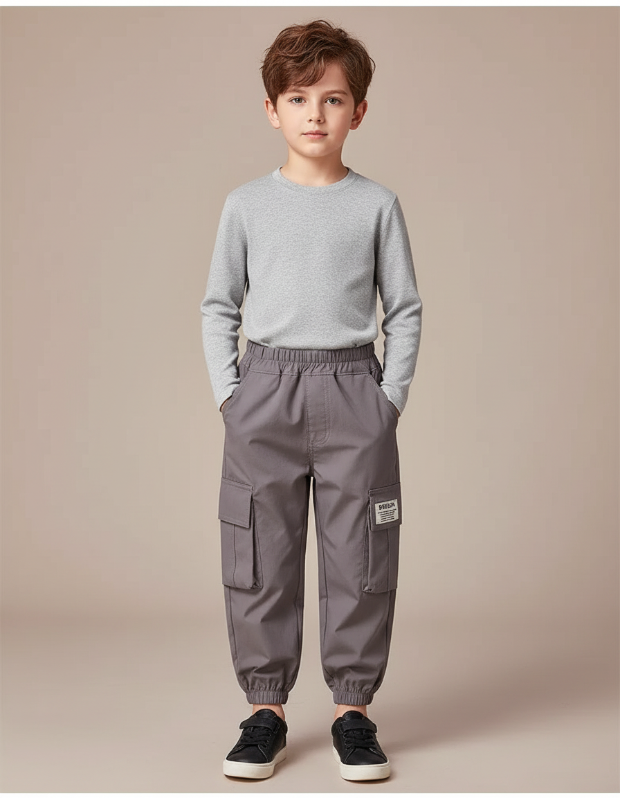 Pantalon Cargo Gris Décontracté Multipoches Enfant - Polyester