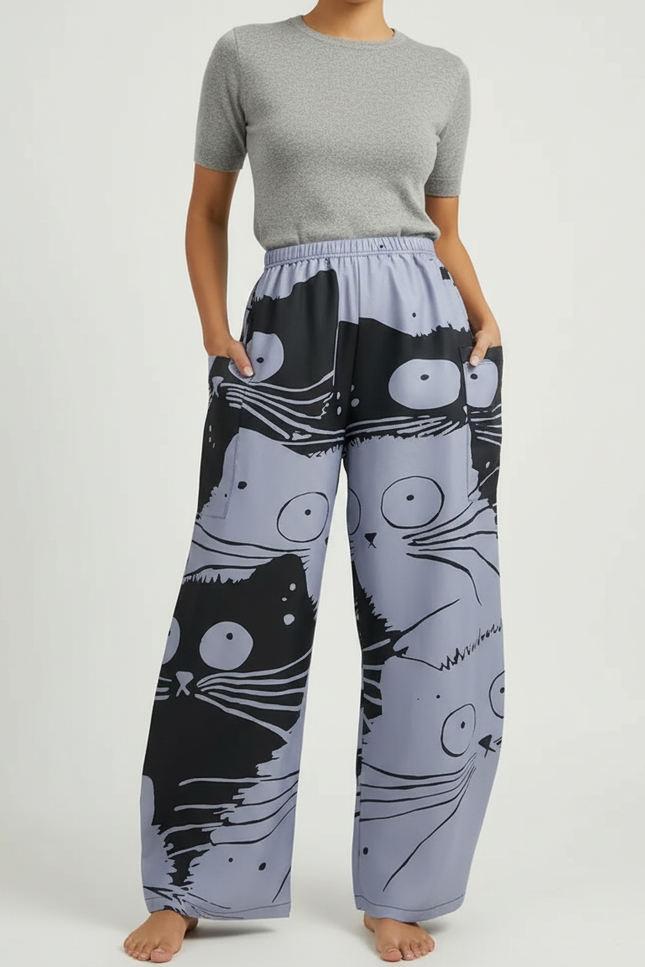 Pantalon Cargo Ample Imprimé Chats Gris Noir - Polyester