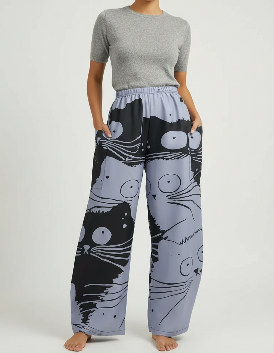 Pantalon Cargo Ample Imprimé Chats Gris Noir - Polyester