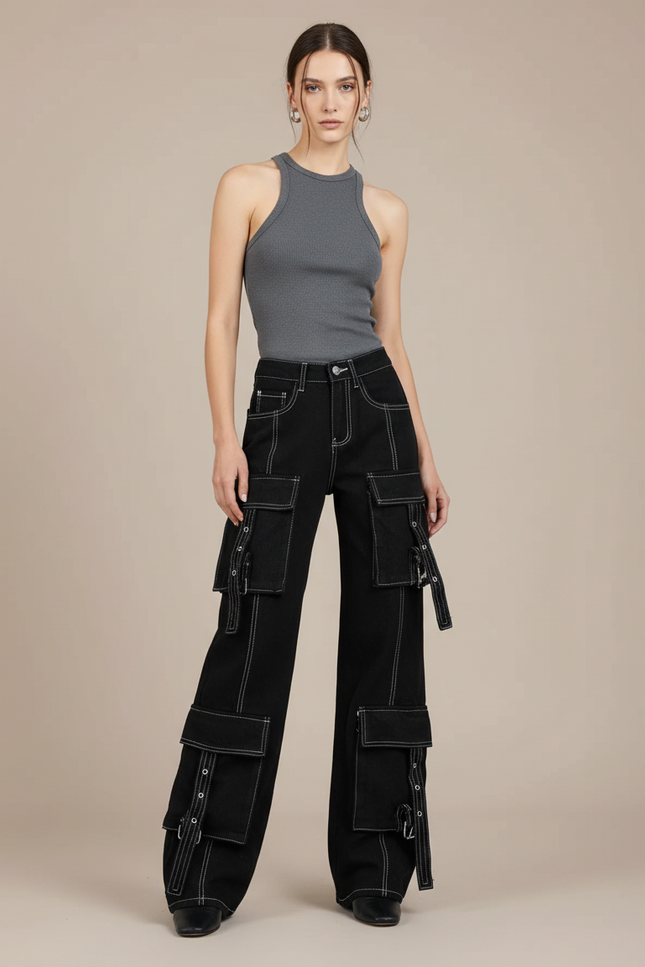 Pantalon Cargo Noir Ample Multipoches Surpiqûres Blanches - Jean