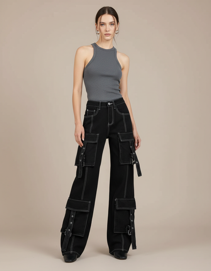 Pantalon Cargo Noir Ample Multipoches Surpiqûres Blanches - Jean