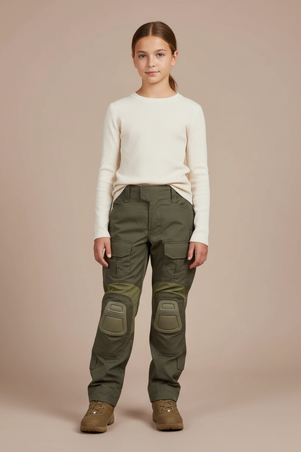 Pantalon Cargo Kaki Enfant Tactique Genouillères Renforcées - Toile