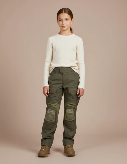 Pantalon Cargo Kaki Enfant Tactique Genouillères Renforcées - Toile