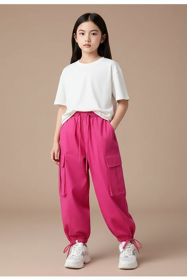 Pantalon Cargo Fuchsia Ample Fille Multipoches Décontracté - Rose Toile