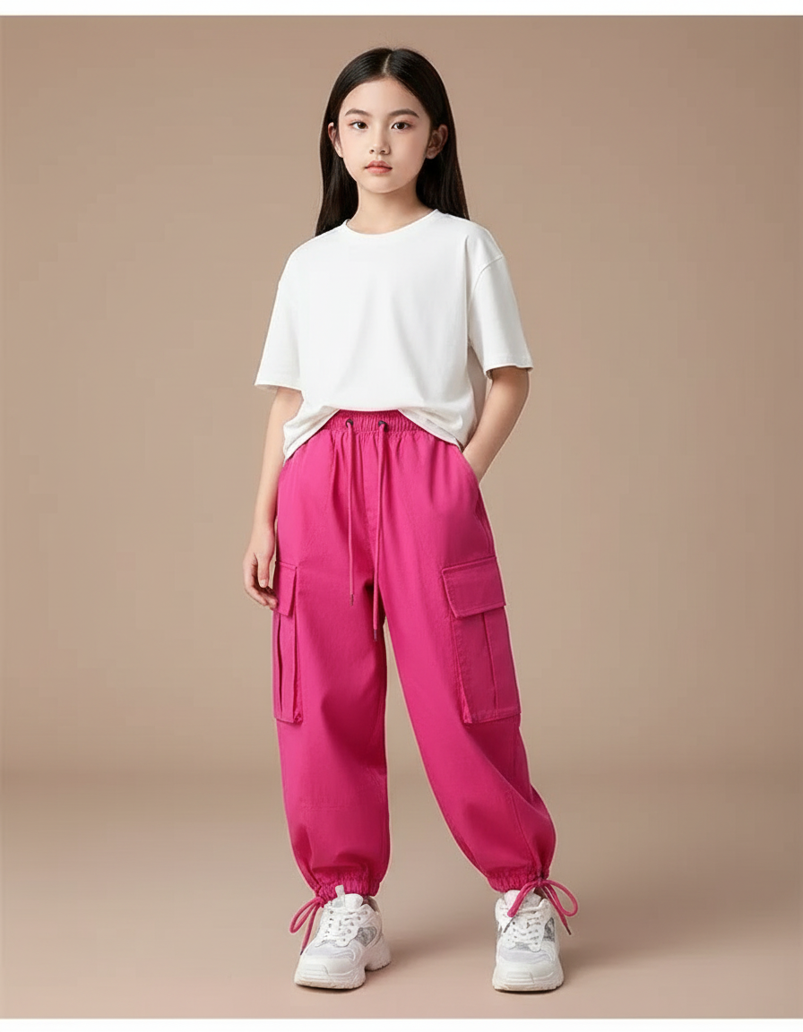 Pantalon Cargo Fuchsia Ample Fille Multipoches Décontracté - Rose Toile
