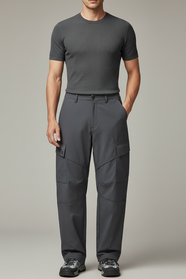 Pantalon Cargo Gris Ample Décontracté Poches Latérales - Gabardine