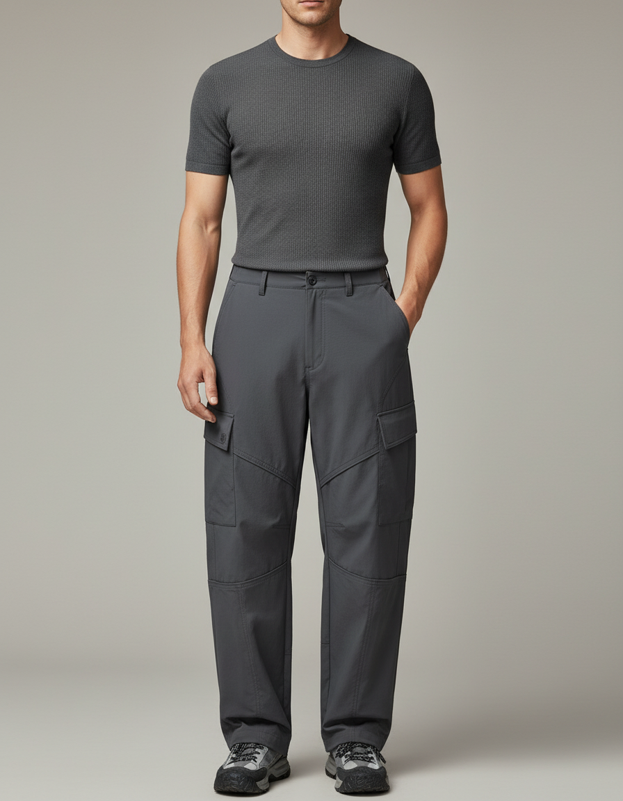 Pantalon Cargo Gris Ample Décontracté Poches Latérales - Gabardine