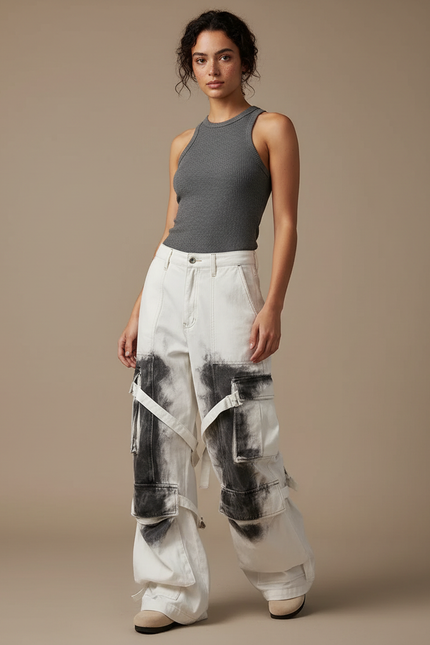 Pantalon Cargo Blanc Ample Imprimé Streetwear Femme - Toile