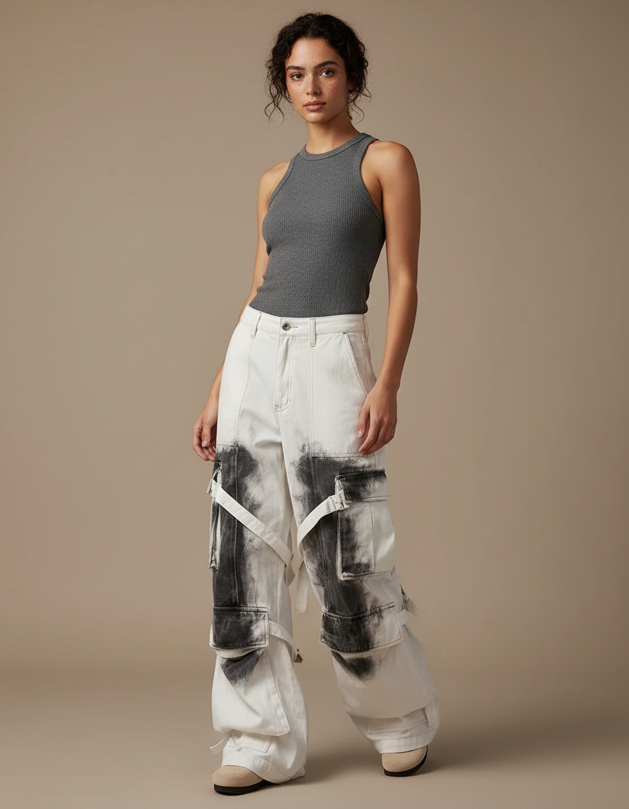 Pantalon Cargo Blanc Ample Imprimé Streetwear Femme - Toile
