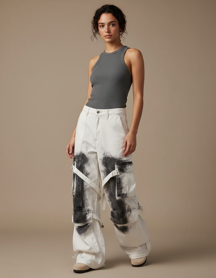 Pantalon Cargo Blanc Ample Imprimé Streetwear Femme - Toile