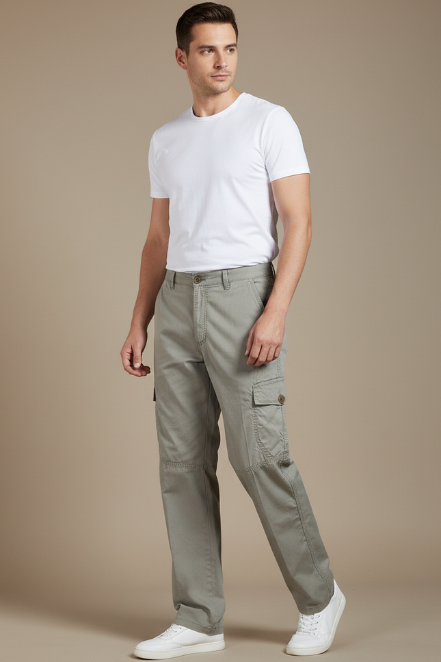 Pantalon Cargo Homme Gris Droit Coton Multipoches - Kaki