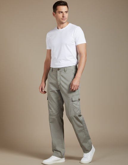 Pantalon Cargo Homme Gris Droit Coton Multipoches - Kaki