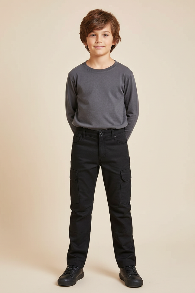 Pantalon Cargo Noir Enfant Coupe Droite Multi-Poches - Toile