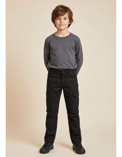 Pantalon Cargo Noir Enfant Coupe Droite Multi-Poches - Toile