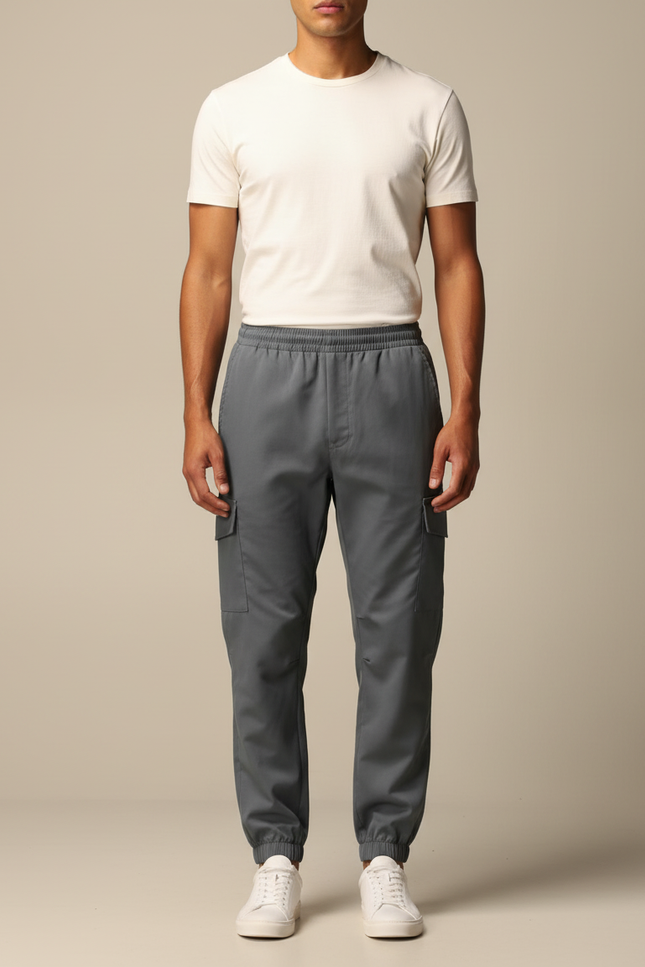 Pantalon Cargo Gris Cordon Multipoches Jogger Homme - Polyester