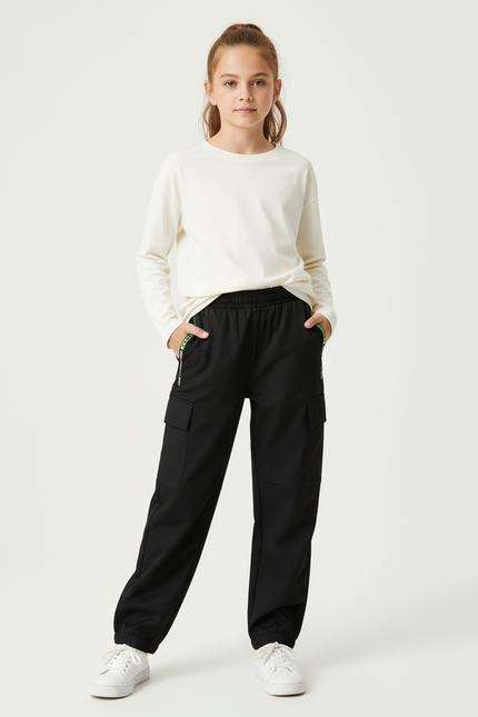 Pantalon Cargo Noir Ample Zippé Fille - Polyester