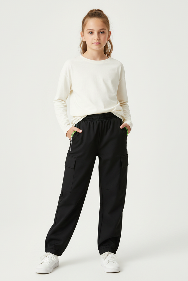 Pantalon Cargo Noir Ample Zippé Fille - Polyester