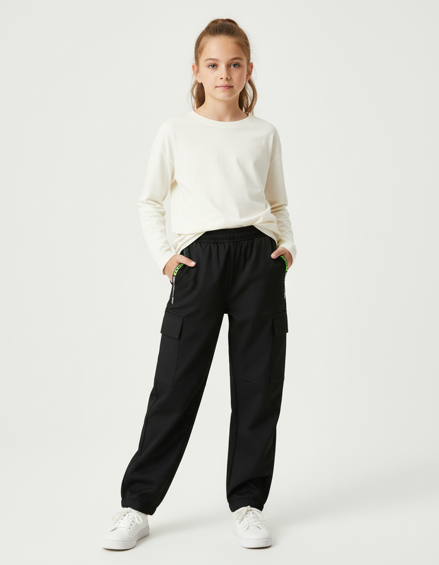 Pantalon Cargo Noir Ample Zippé Fille - Polyester