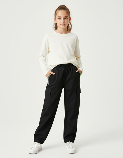 Pantalon Cargo Noir Ample Zippé Fille - Polyester