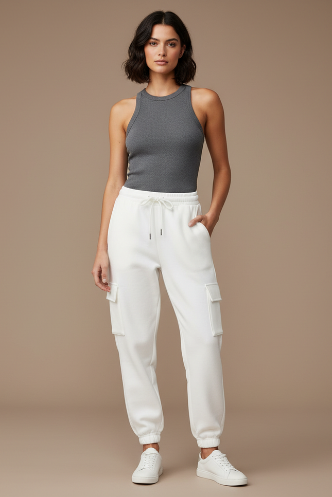Pantalon Cargo Blanc Molletonné Décontracté Femme