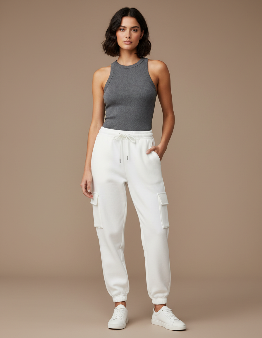 Pantalon Cargo Blanc Molletonné Décontracté Femme