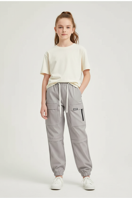 Pantalon Cargo Gris Clair Ample Sportif Enfant - Polyester