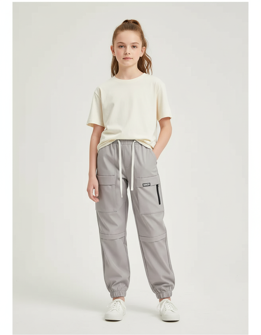 Pantalon Cargo Gris Clair Ample Sportif Enfant - Polyester