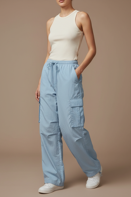 Pantalon Cargo Bleu Ciel Ample Fluide Cordon Femme - Polyester