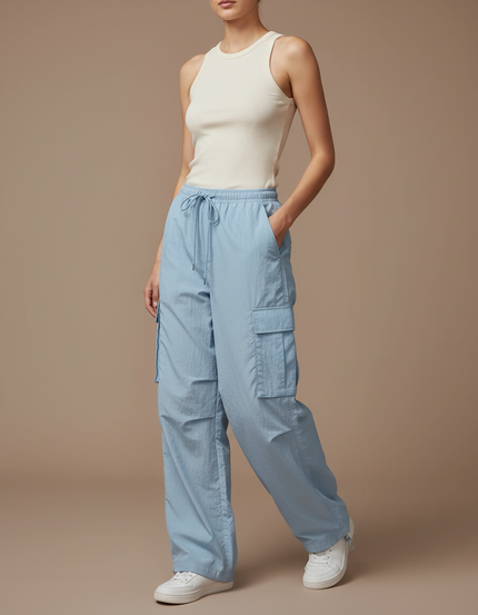 Pantalon Cargo Bleu Ciel Ample Fluide Cordon Femme - Polyester