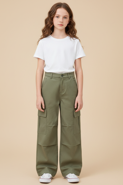 Pantalon Cargo Vert Ample Poches Latérales Fille - Kaki Toile