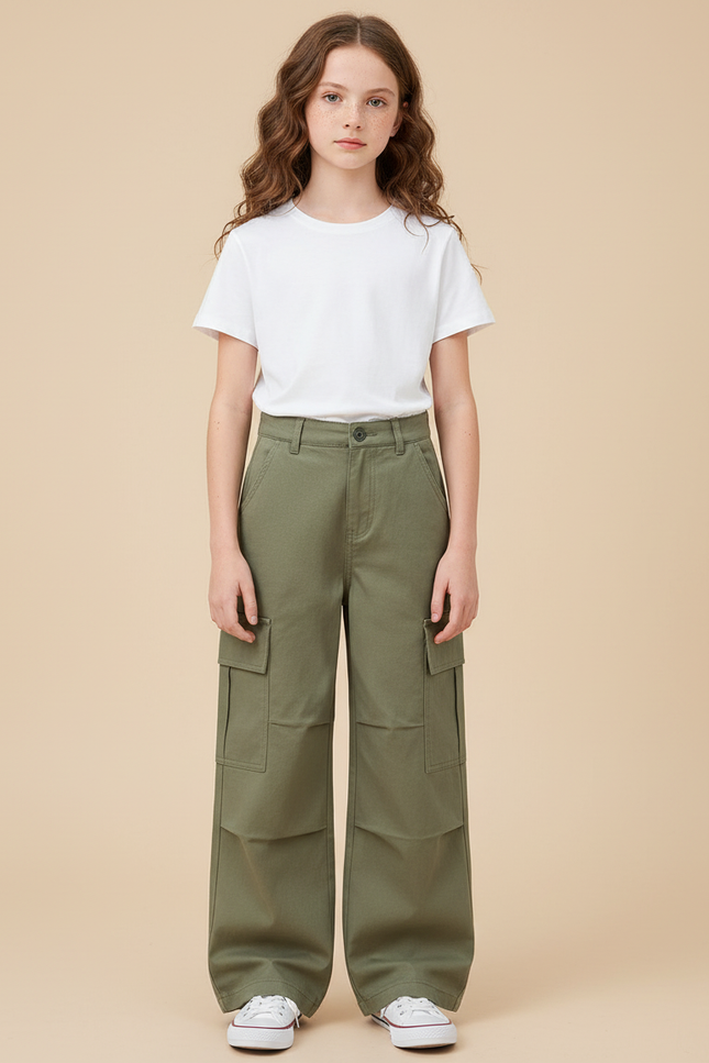 Pantalon Cargo Vert Ample Poches Latérales Fille - Kaki Toile