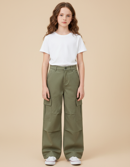 Pantalon Cargo Vert Ample Poches Latérales Fille - Kaki Toile