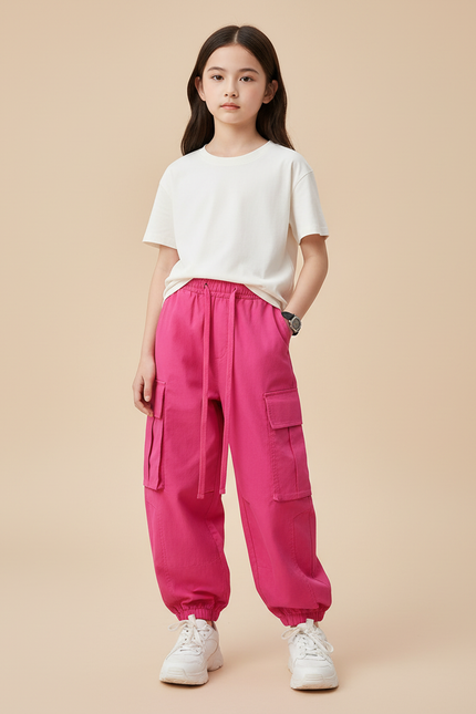 Pantalon Cargo Rose Fuchsia Ample Enfant Multipoches - Toile
