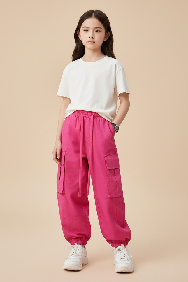 Pantalon Cargo Rose Fuchsia Ample Enfant Multipoches - Toile