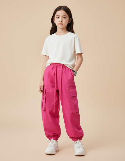 Pantalon Cargo Rose Fuchsia Ample Enfant Multipoches - Toile
