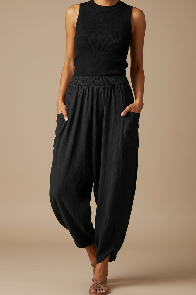 Pantalon Cargo Noir Fluide Ample Coton Lin