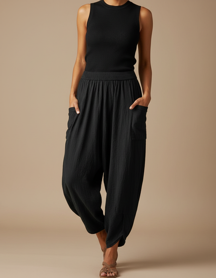 Pantalon Cargo Noir Fluide Ample Coton Lin