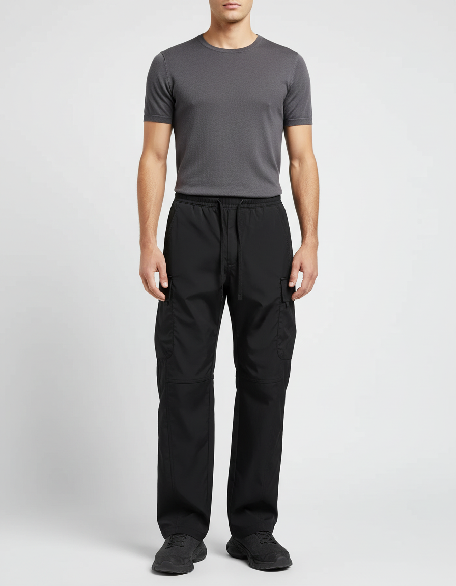 Pantalon Cargo Noir Droit Décontracté Multipoches Homme - Polyester