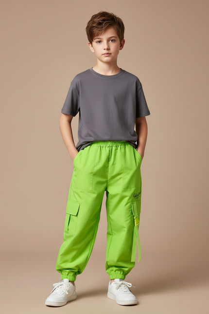 Pantalon Cargo Vert Fluo Ample Enfant Streetwear - Polyester