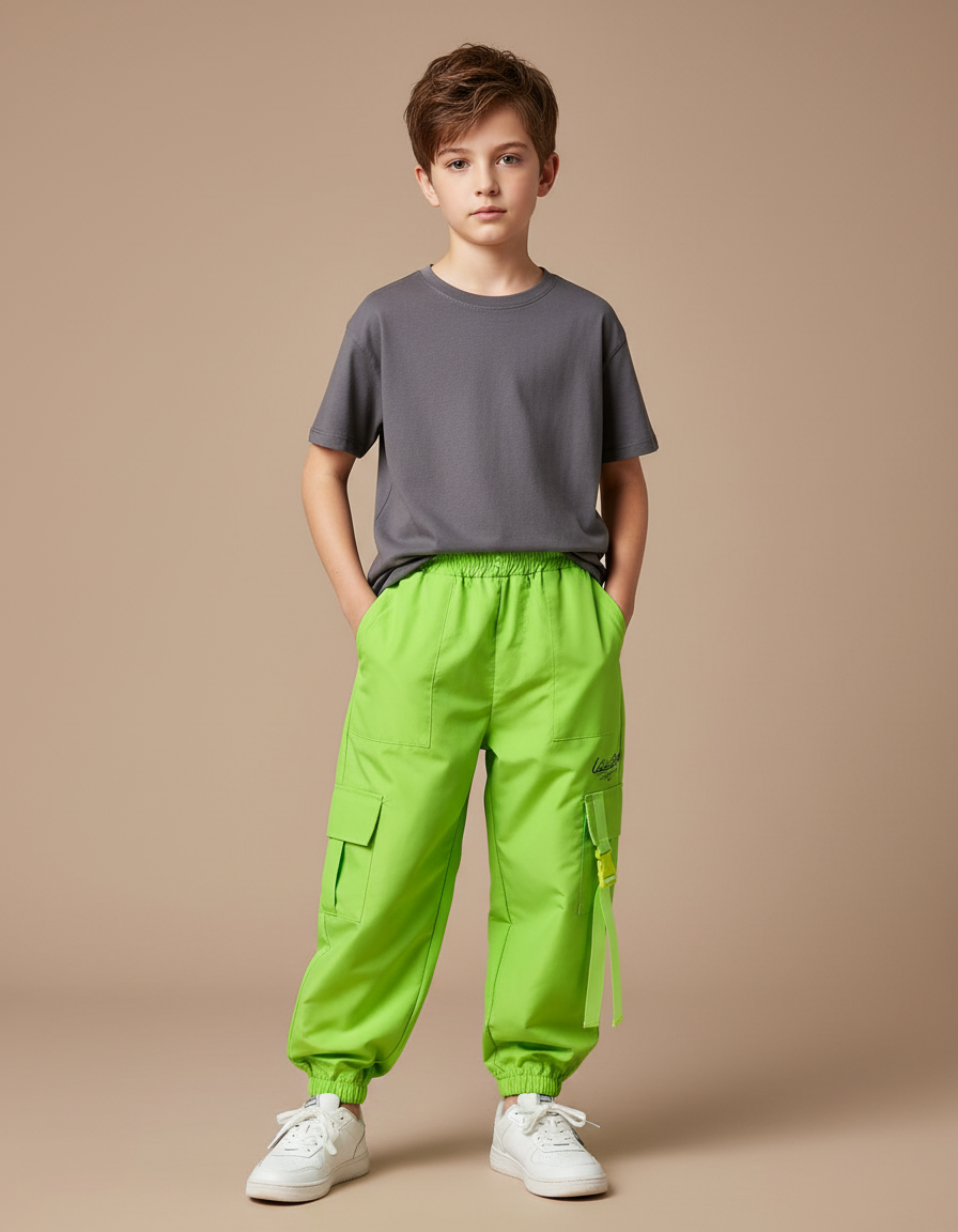 Pantalon Cargo Vert Fluo Ample Enfant Streetwear - Polyester