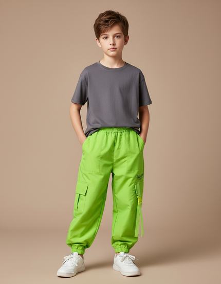 Pantalon Cargo Vert Fluo Ample Enfant Streetwear - Polyester