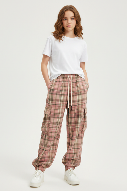 Pantalon Cargo Rose Plaid Ample Décontracté Poches - Coton