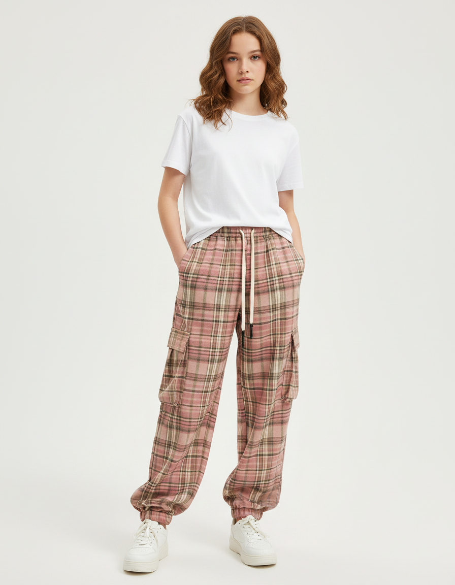 Pantalon Cargo Rose Plaid Ample Décontracté Poches - Coton