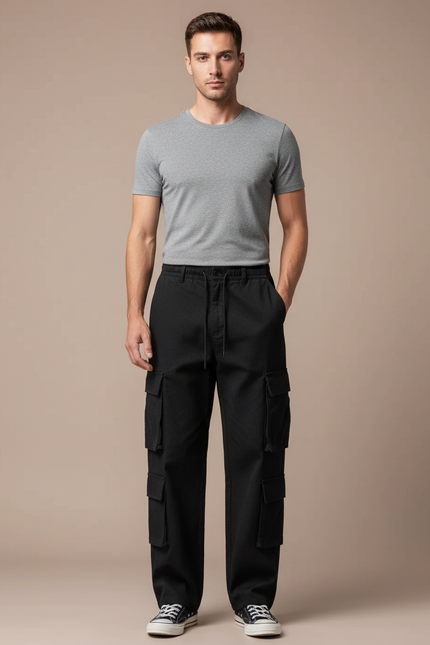 Pantalon Cargo Noir Ample Multipoches Coton Homme - Toile