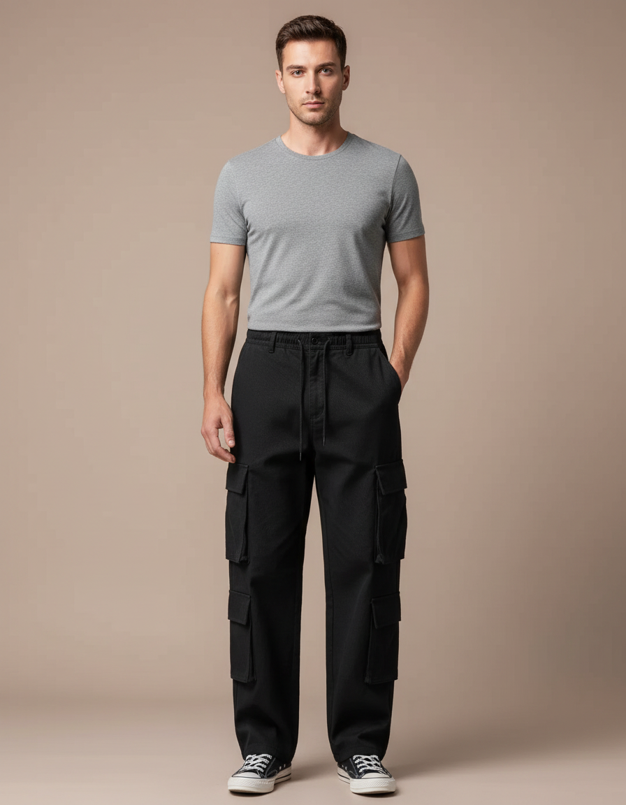 Pantalon Cargo Noir Ample Multipoches Coton Homme - Toile